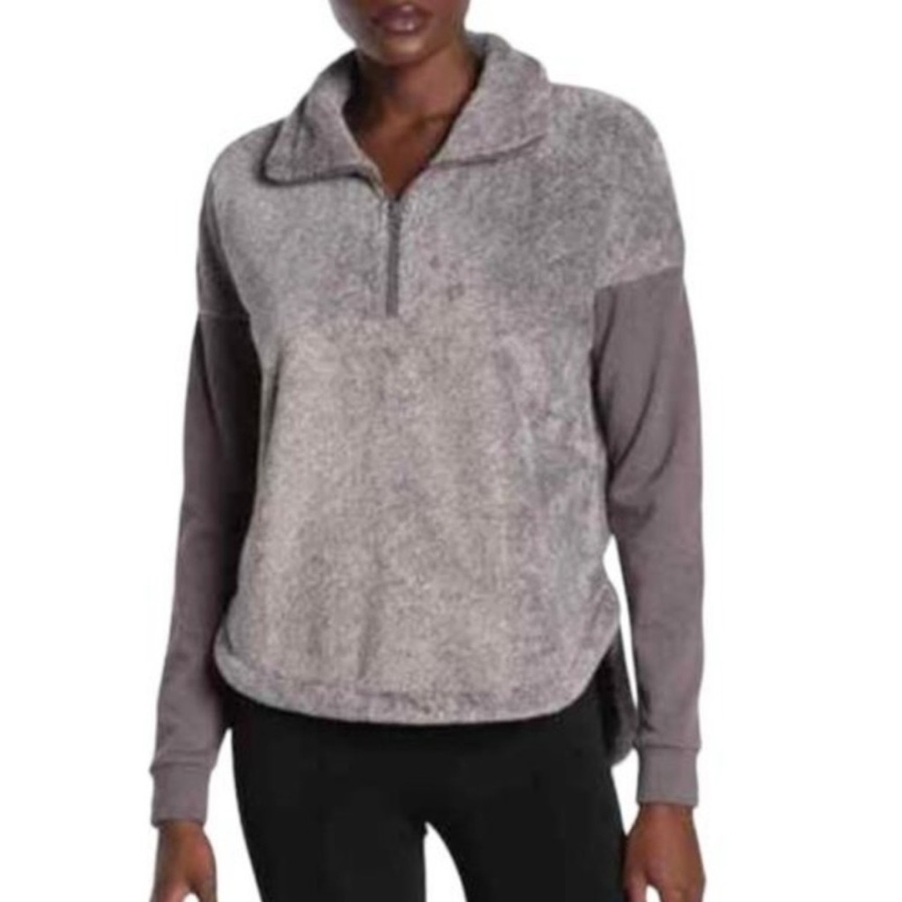 Zella Faux Fur 1/4 Quarter Zip Pullover Top Long Sleeve Grey Small